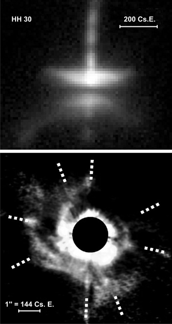 Korongok fiatal csillagok körül. Fent: a Taurus molekulafelhőben található, HH30 nevű fiatal csillag a Hubble-űrtávcső felvételén (Burrows et al., 1996 437); lent: Az AB Aur közepes tömegű csillag korongjáról közeli-infravörös hullámhosszakon készített felvétel (Fukagawa et al., 2004 L53.)